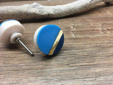 Tricolor Blue Distressed Brass and Acrylic Knob - Round Blue Stripe Knob - Modern Abstract Drawer Pull