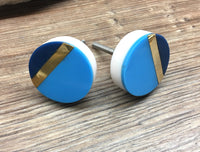 Tricolor Blue Distressed Brass and Acrylic Knob - Round Blue Stripe Knob - Modern Abstract Drawer Pull