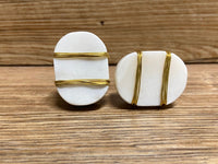 White Marble Stone and Gold Wrapped Oblong Knobs - Gold and White Cabinet Knob - Art Deco MCM