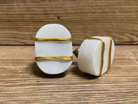 White Marble Stone and Gold Wrapped Oblong Knobs - Gold and White Cabinet Knob - Art Deco MCM